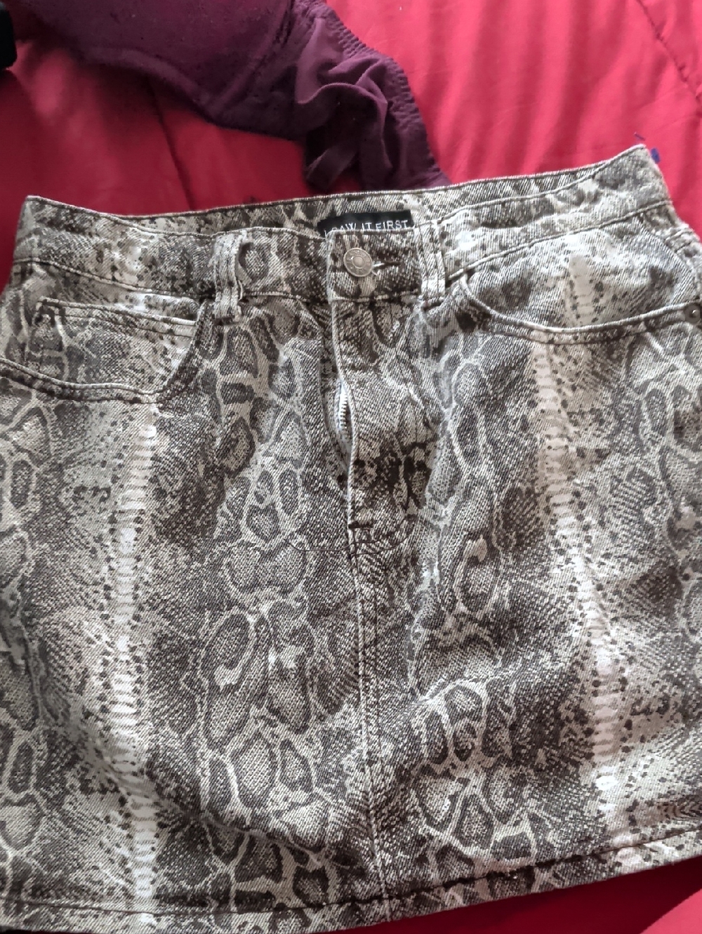 I Saw It First Snake Print Denim Mini Skirt - Neutral Gray Tones